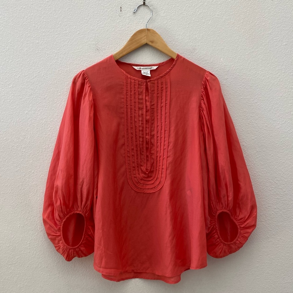 DIANE VON FURSTENBERG coral pink balloon sleeve cotton silk boho top